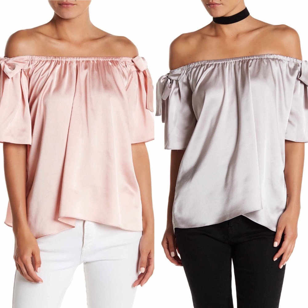 Satin Off-The-Shoulder Tie Sleeve Blouse
